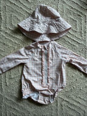 Janie and jack Baby Pink/peach Gingham Ruffle Rash Guard Set